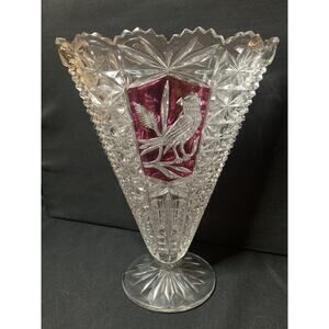 Hofbauer Byrdes Bird Fan Vase Red Cut Glass 9" Tall 1970s W. Germany